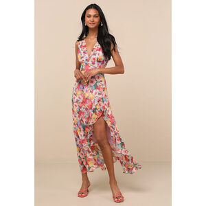 Lulus Laraline Red Multi Floral Ruffled Cowl Back Maxi Dress - Size XL